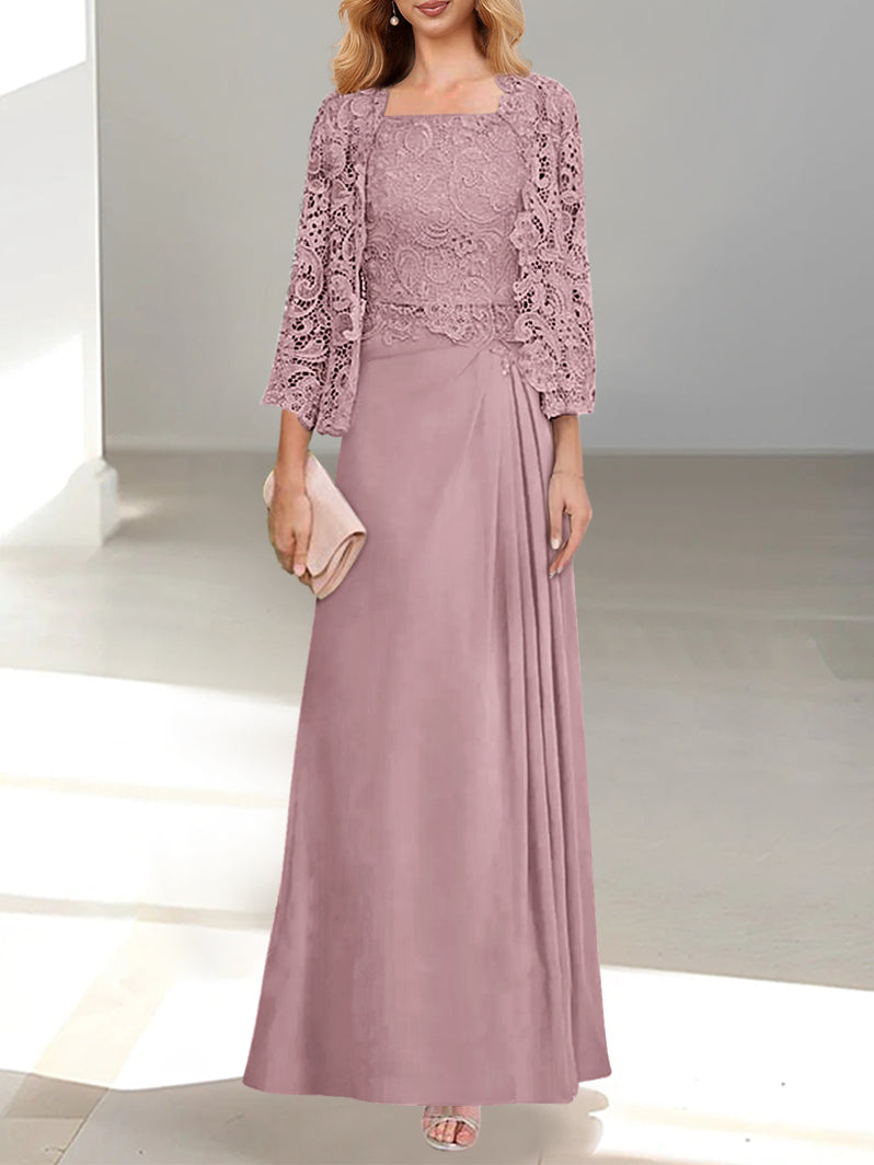 2 A Line Scoop Mother of the Bride Dresses with Pleated & Lace Appliques Long
