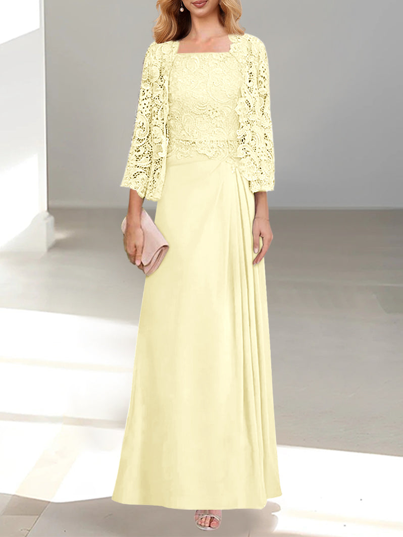 2 A Line Scoop Mother of the Bride Dresses with Pleated & Lace Appliques Long