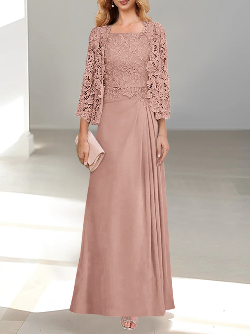 2 A Line Scoop Mother of the Bride Dresses with Pleated & Lace Appliques Long