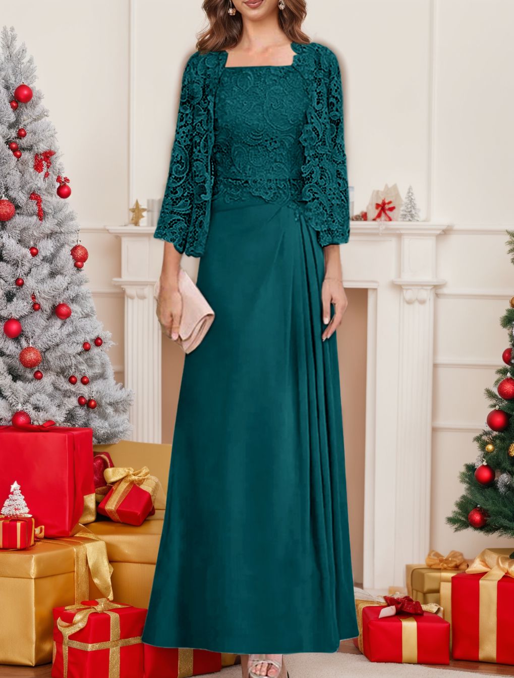2 A Line Scoop Mother of the Bride Dresses with Pleated & Lace Appliques Long
