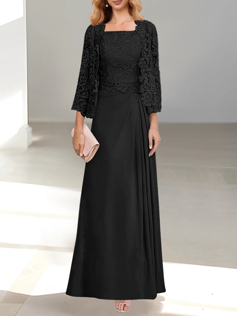 2 A Line Scoop Mother of the Bride Dresses with Pleated & Lace Appliques Long