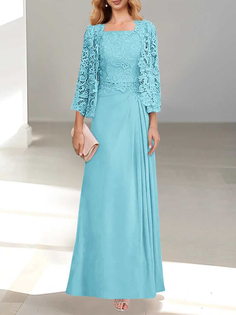 2 A Line Scoop Mother of the Bride Dresses with Pleated & Lace Appliques Long
