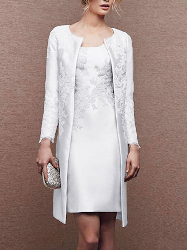 2 Knee Length Satin Lace Sheath Dresses for Mothers of the Bride Sleeveless with Appliques