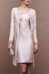 2 Knee Length Satin Lace Sheath Dresses for Mothers of the Bride Sleeveless with Appliques