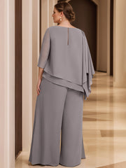 2 Piece Scoop Neck Chiffon Gown with 3/4 Sleeves and Beading for Plus Size Mothers of the Bride