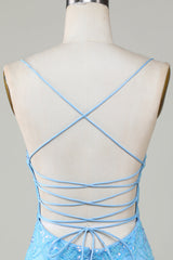 Sparkly Blue Lace-Up Back Tight Beaded  Short Homecoming Dress