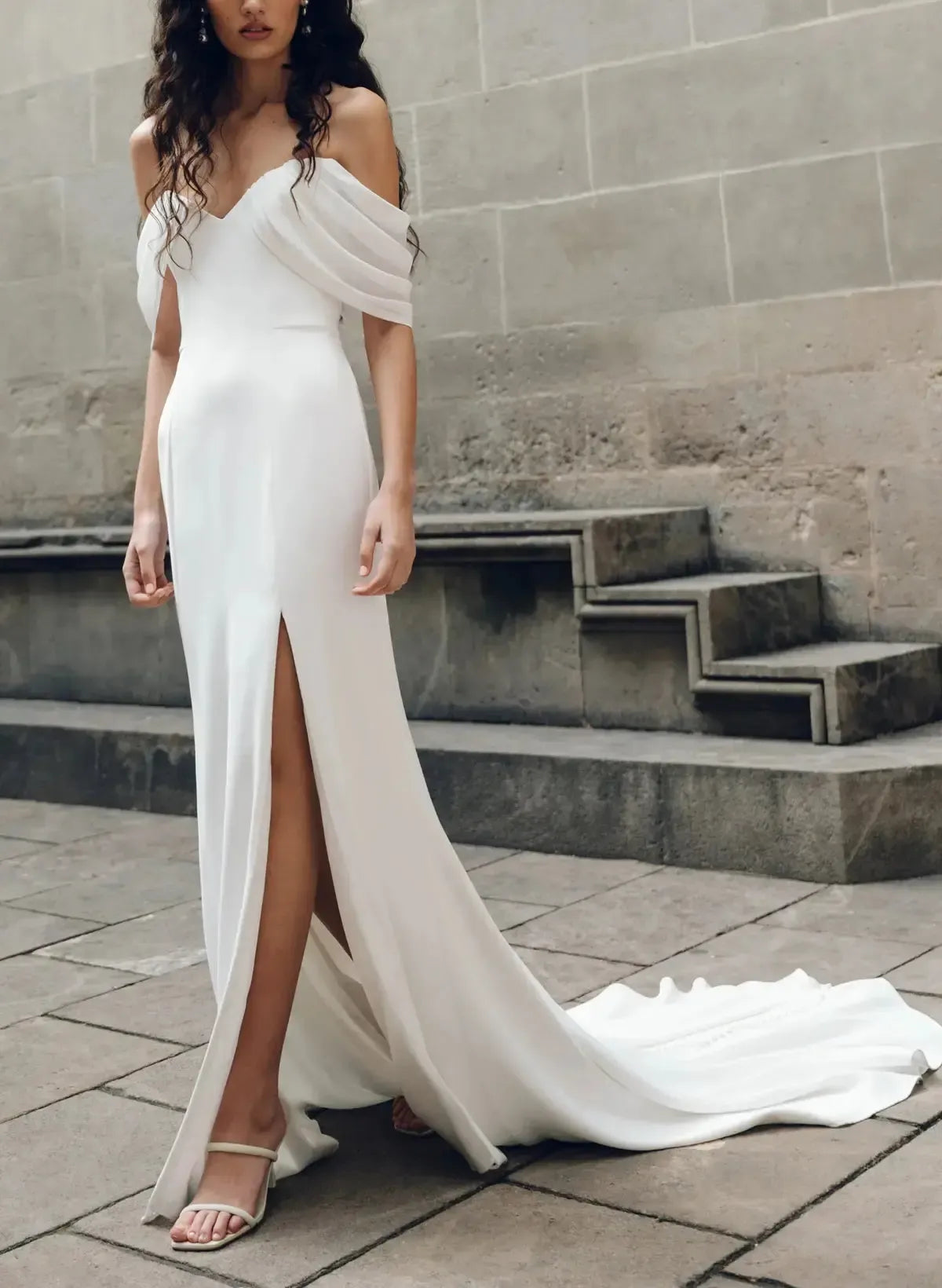 Column Sweetheart Sleeveless Court Train Chiffon Satin With High Split Wedding Dress Swd13066