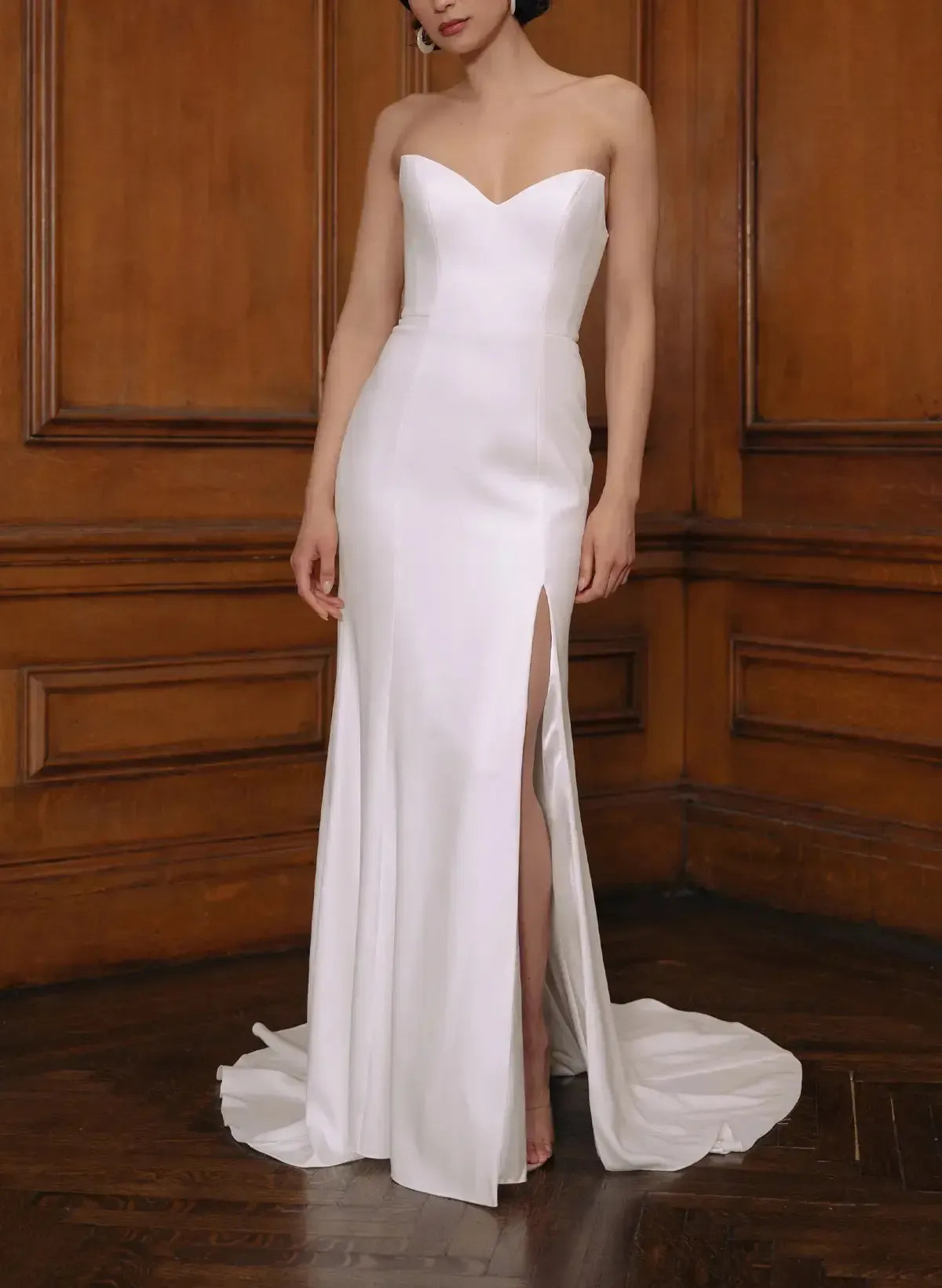 Column Sweetheart Sleeveless Court Train Chiffon Satin With High Split Wedding Dress Swd13066
