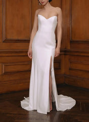 Column Sweetheart Sleeveless Court Train Chiffon Satin With High Split Wedding Dress Swd13066