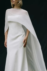 Mermaid Scoop Neck Cape Sleeves Sweep Train Chiffon Elastic Satin Wedding Dress Swd13070