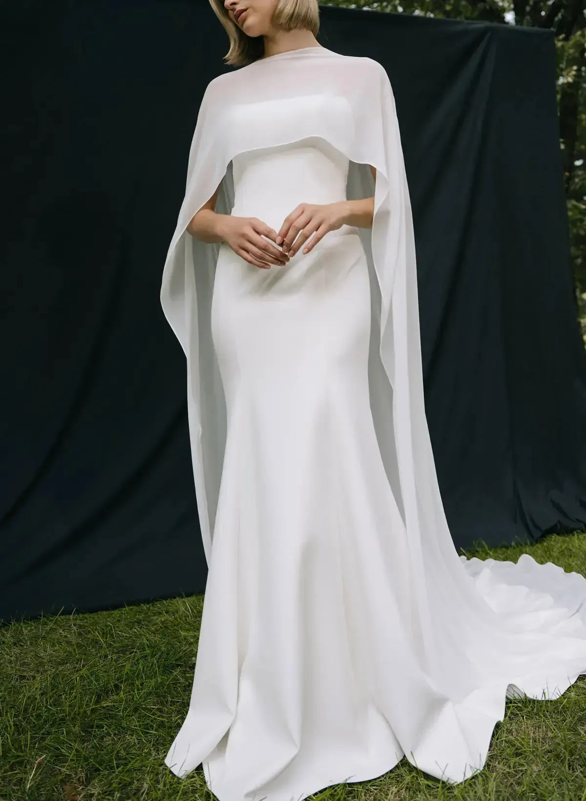 Mermaid Scoop Neck Cape Sleeves Sweep Train Chiffon Elastic Satin Wedding Dress Swd13070