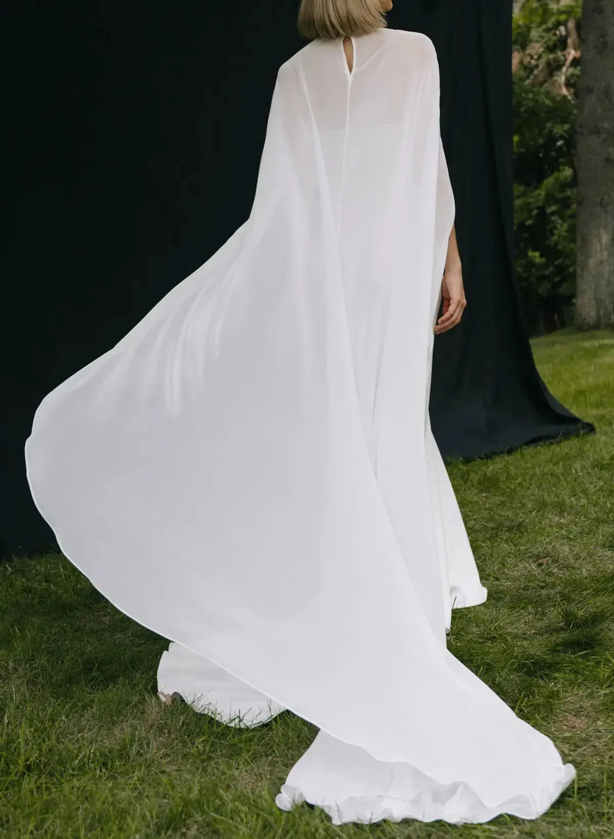 Mermaid Scoop Neck Cape Sleeves Sweep Train Chiffon Elastic Satin Wedding Dress Swd13070