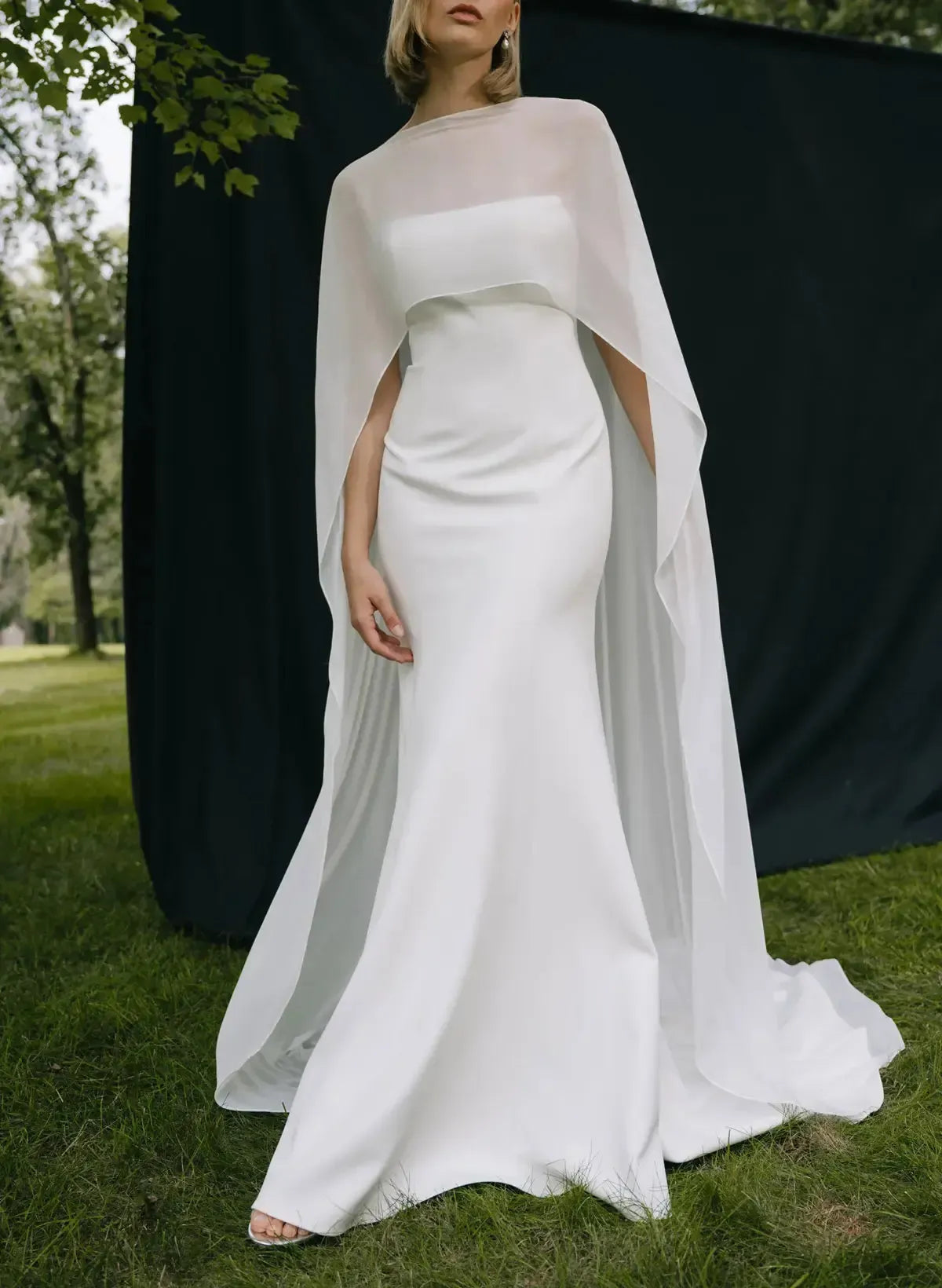 Mermaid Scoop Neck Cape Sleeves Sweep Train Chiffon Elastic Satin Wedding Dress Swd13070