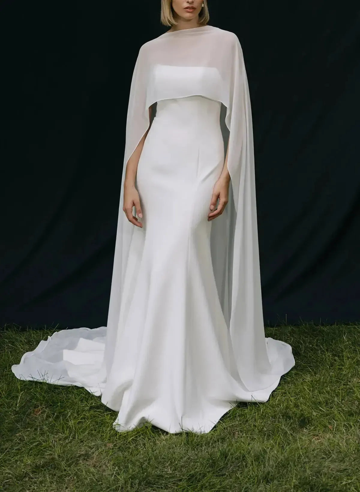 Mermaid Scoop Neck Cape Sleeves Sweep Train Chiffon Elastic Satin Wedding Dress Swd13070