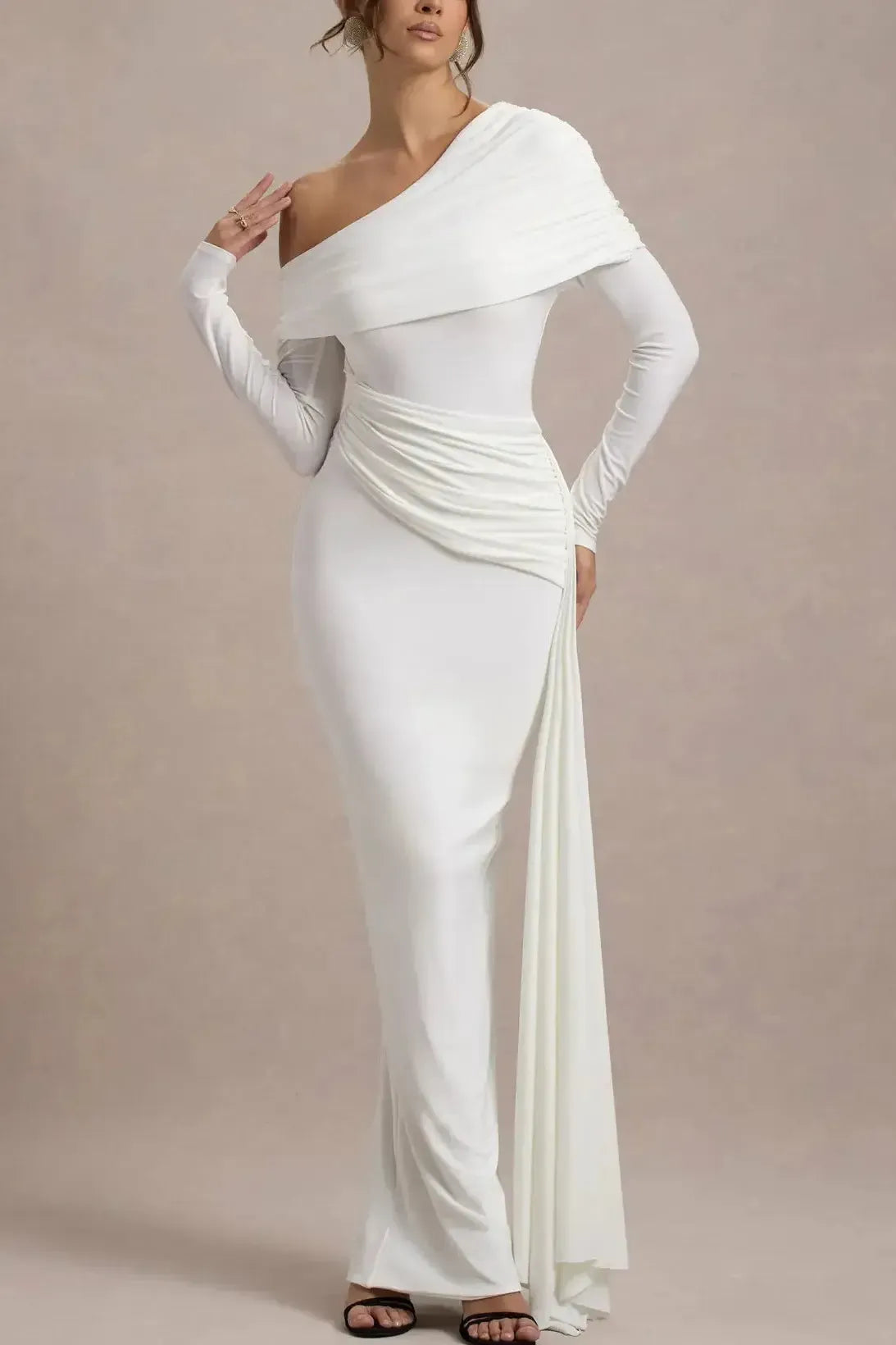 Sheath Column Asymmetrical Long Sleeves Floor Length Jersey With Sweeping Side Drape Wedding Dress Swd13085