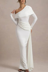 Sheath Column Asymmetrical Long Sleeves Floor Length Jersey With Sweeping Side Drape Wedding Dress Swd13085