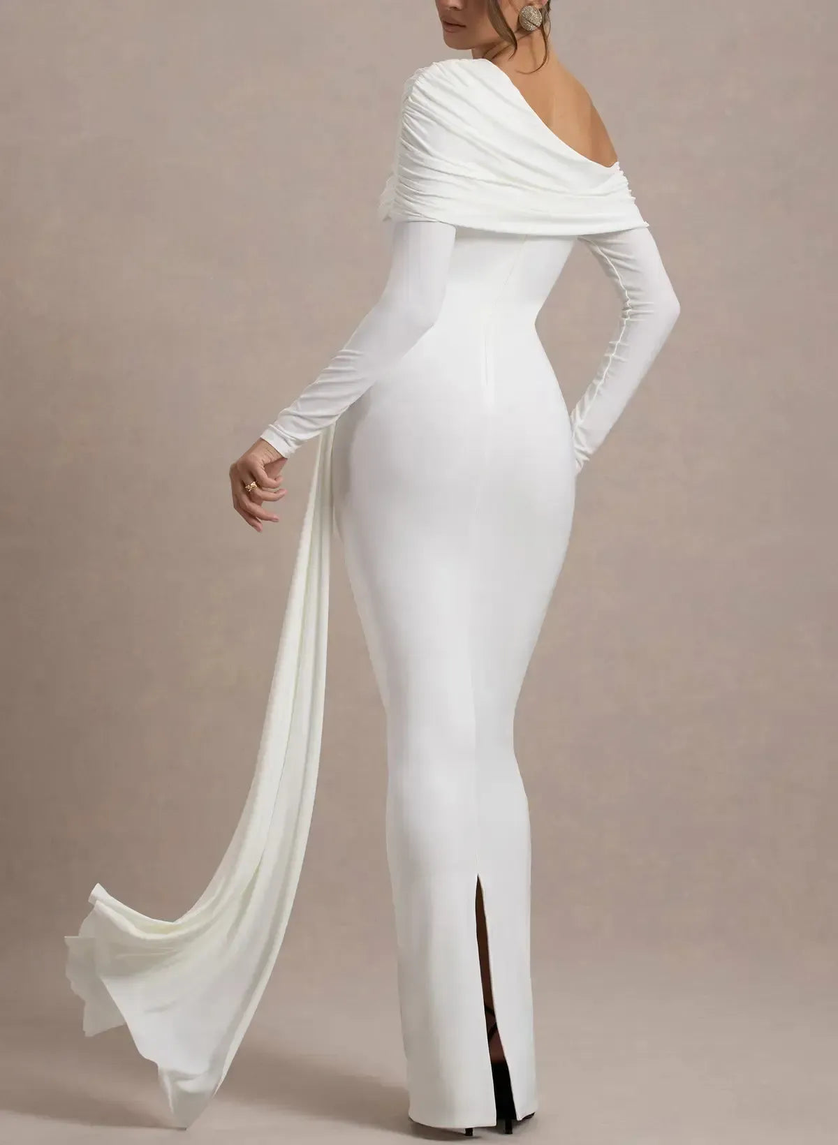 Sheath Column Asymmetrical Long Sleeves Floor Length Jersey With Sweeping Side Drape Wedding Dress Swd13085