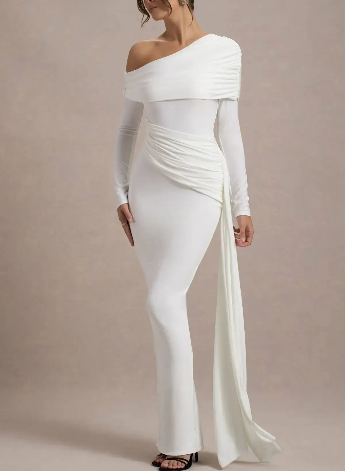 Sheath Column Asymmetrical Long Sleeves Floor Length Jersey With Sweeping Side Drape Wedding Dress Swd13085