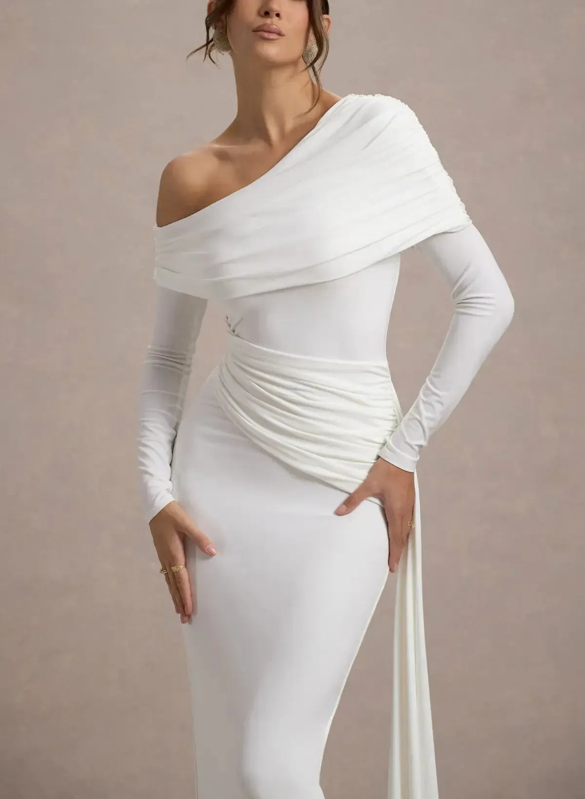 Sheath Column Asymmetrical Long Sleeves Floor Length Jersey With Sweeping Side Drape Wedding Dress Swd13085