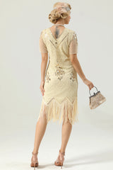 Apricot Fringe 1920s Short Sleeve V-Neck Flapper Dress