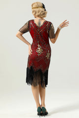 Red Fringe 1920s Short Sleeve V-Neck Flapper Dress