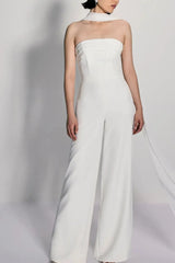 Jumpsuit Pantsuit Halter Sleeveless Floor Length Chiffon Elastic Satin Wedding Dress Swd13090