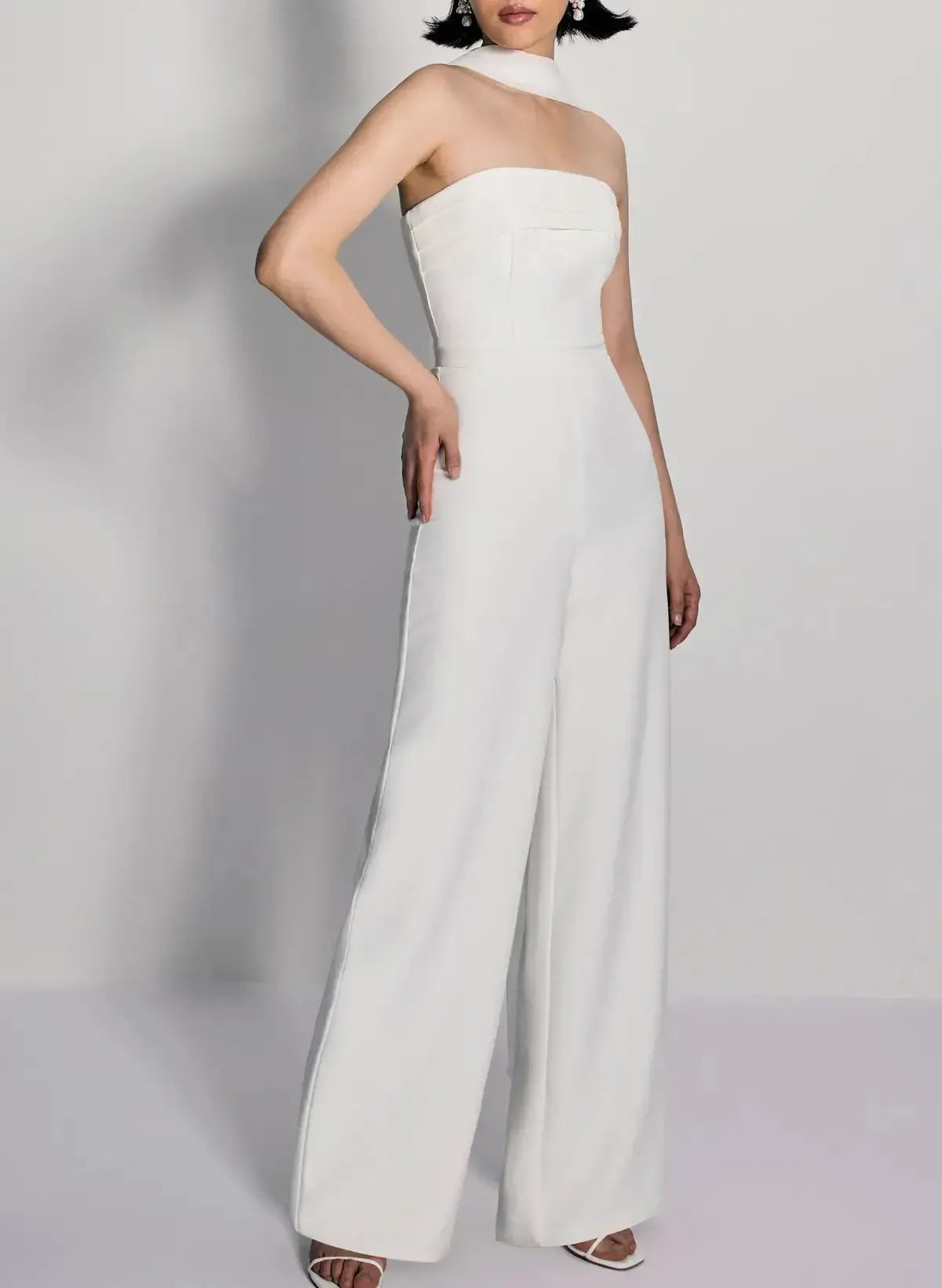 Jumpsuit Pantsuit Halter Sleeveless Floor Length Chiffon Elastic Satin Wedding Dress Swd13090