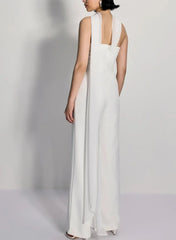 Jumpsuit Pantsuit Halter Sleeveless Floor Length Chiffon Elastic Satin Wedding Dress Swd13090