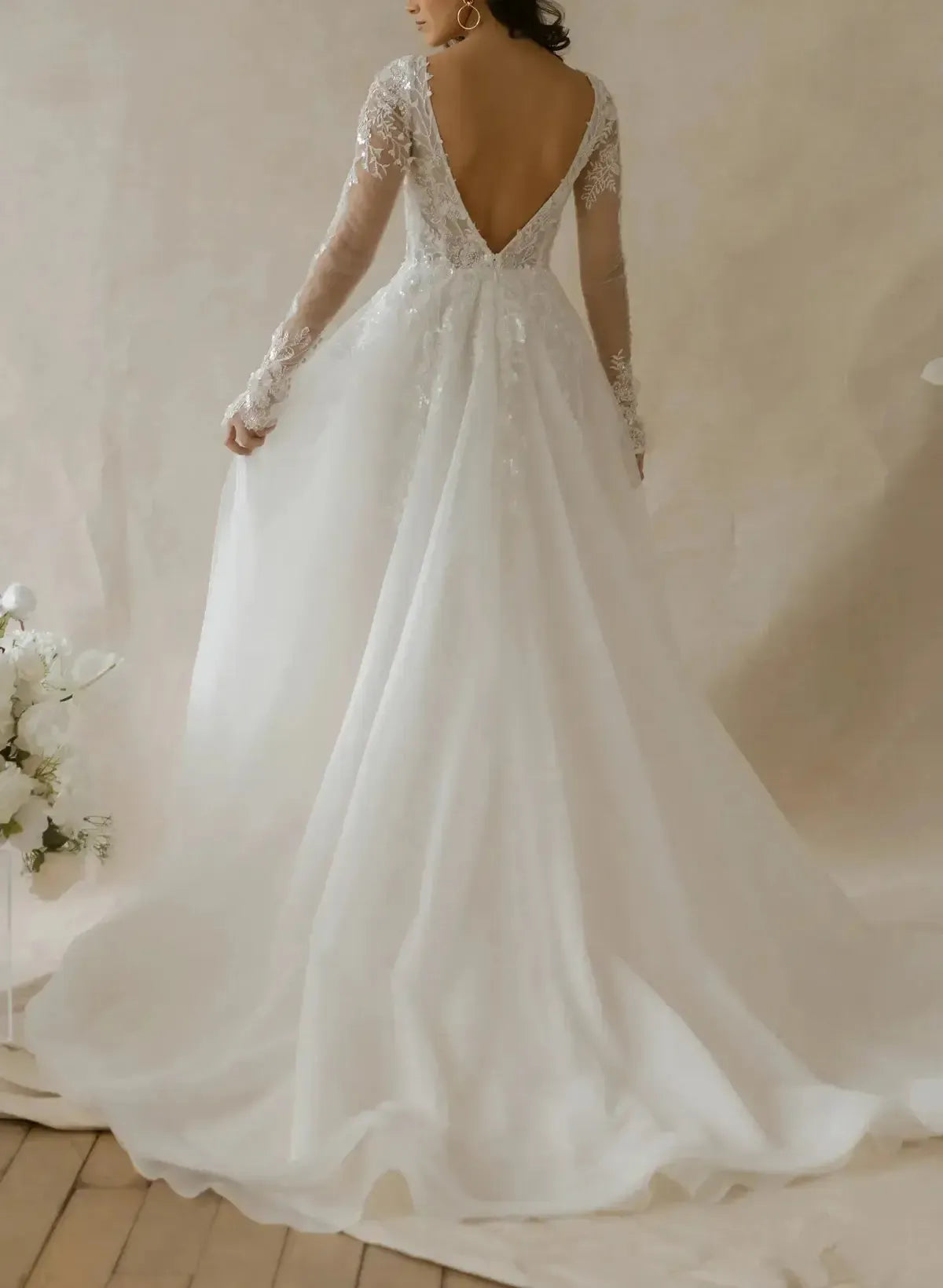 Ball Gown Plunge Neck Long Sleeves Sweep Train Lace Organza Wedding Dress With Beading Swd13093