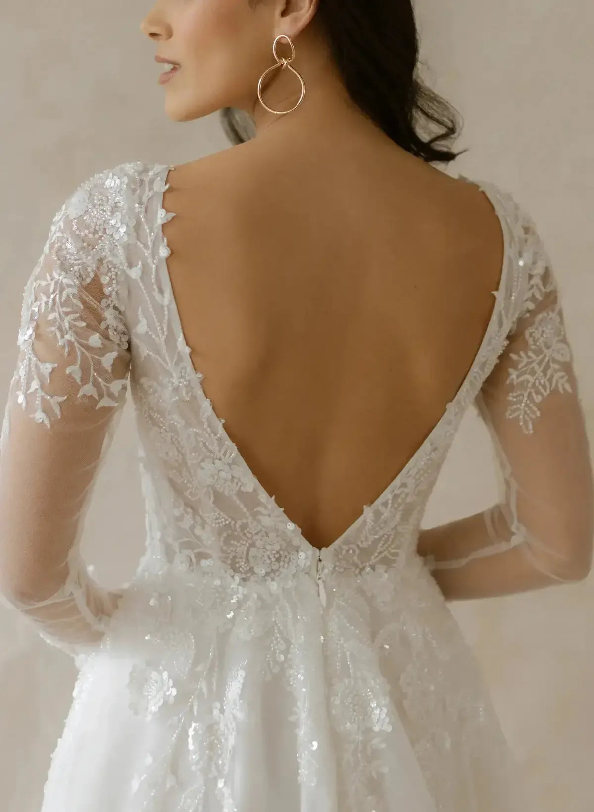 Ball Gown Plunge Neck Long Sleeves Sweep Train Lace Organza Wedding Dress With Beading Swd13093