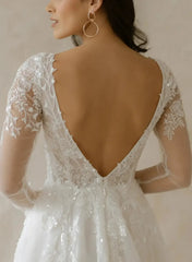 Ball Gown Plunge Neck Long Sleeves Sweep Train Lace Organza Wedding Dress With Beading Swd13093