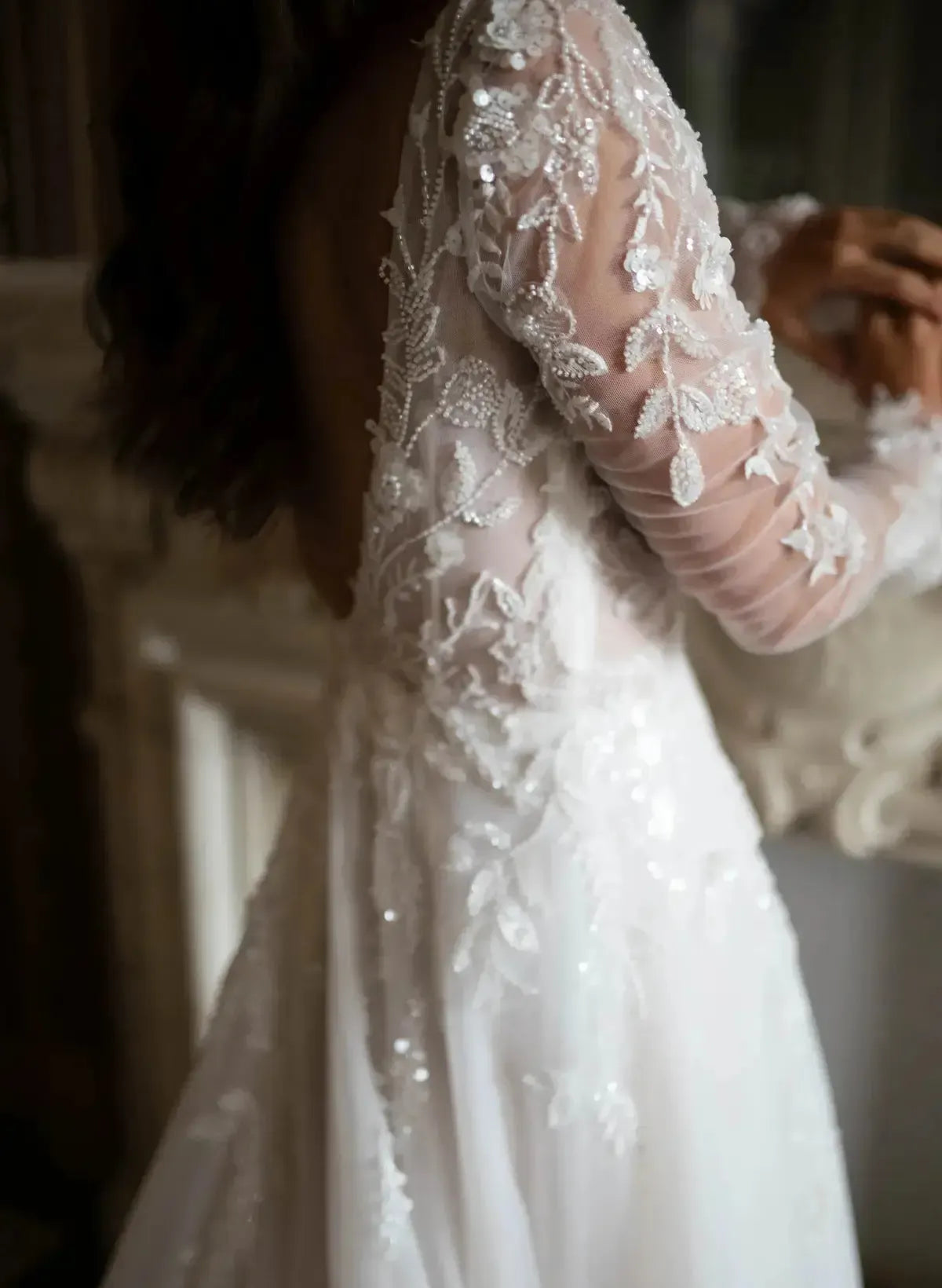 Ball Gown Plunge Neck Long Sleeves Sweep Train Lace Organza Wedding Dress With Beading Swd13093