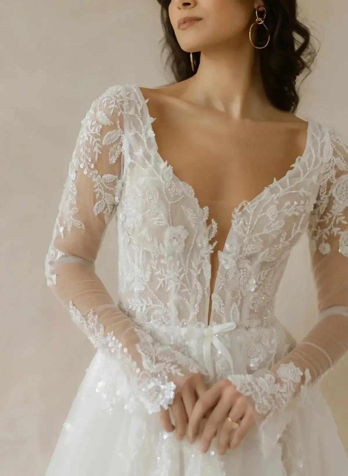 Ball Gown Plunge Neck Long Sleeves Sweep Train Lace Organza Wedding Dress With Beading Swd13093