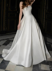 Ball Gown Off The Shoulder Sleeveless Court Train Twill Satin Wedding Dress Swd13094