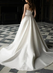 Ball Gown Off The Shoulder Sleeveless Court Train Twill Satin Wedding Dress Swd13094