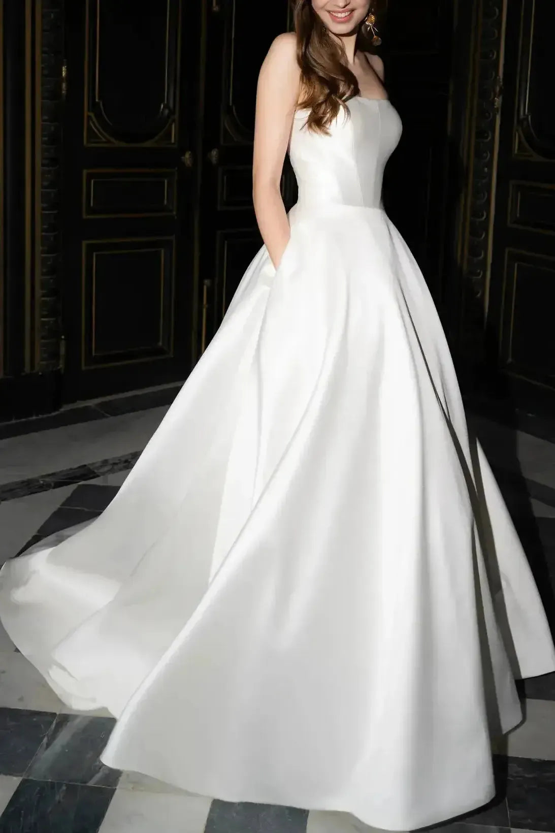 Ball Gown Off The Shoulder Sleeveless Court Train Twill Satin Wedding Dress Swd13094