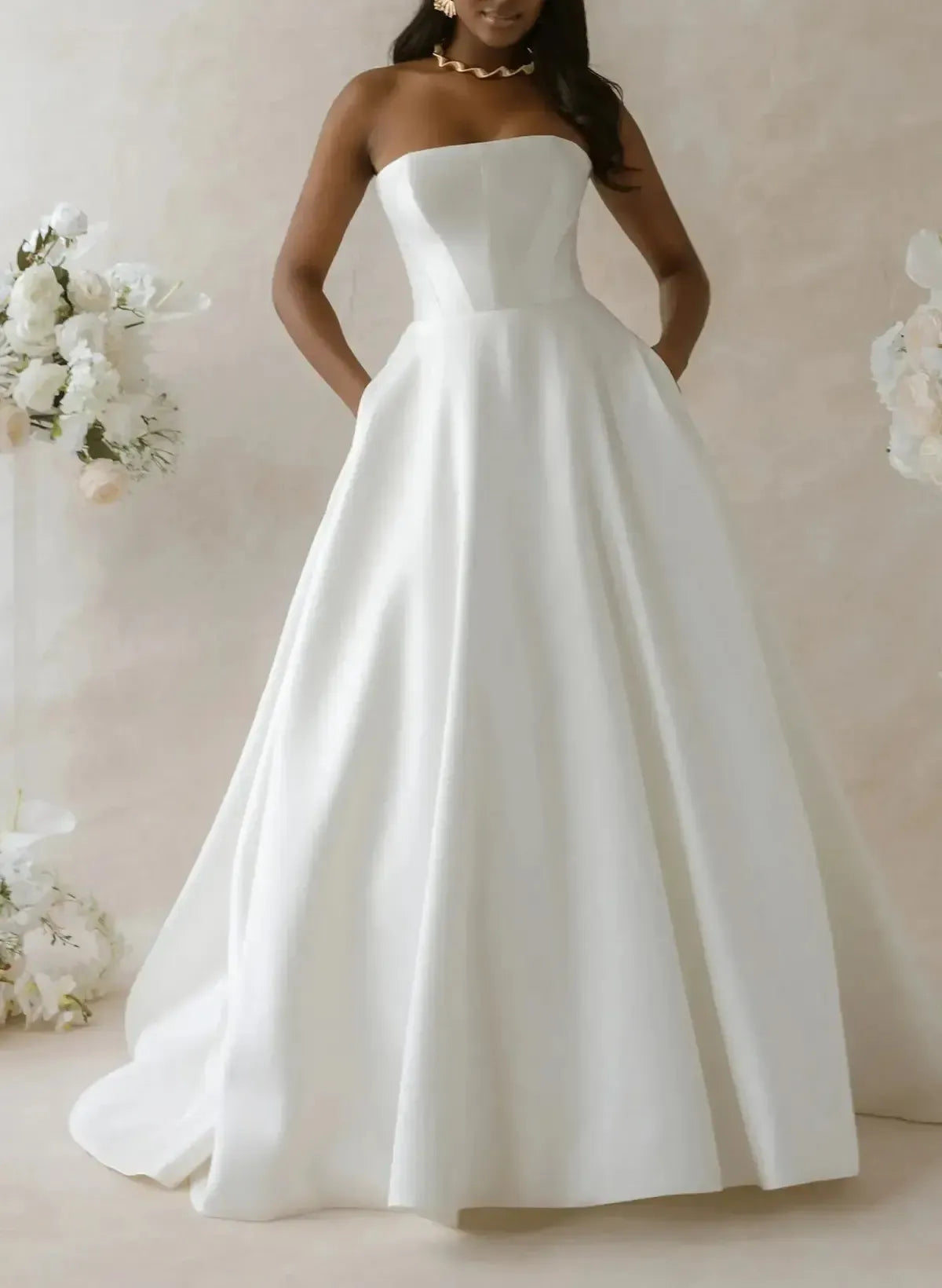 Ball Gown Off The Shoulder Sleeveless Court Train Twill Satin Wedding Dress Swd13094