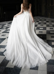 Ball Gown One Shoulder Sleeveless Chapel Train Chiffon Wedding Dresswith Pockets Swd13095