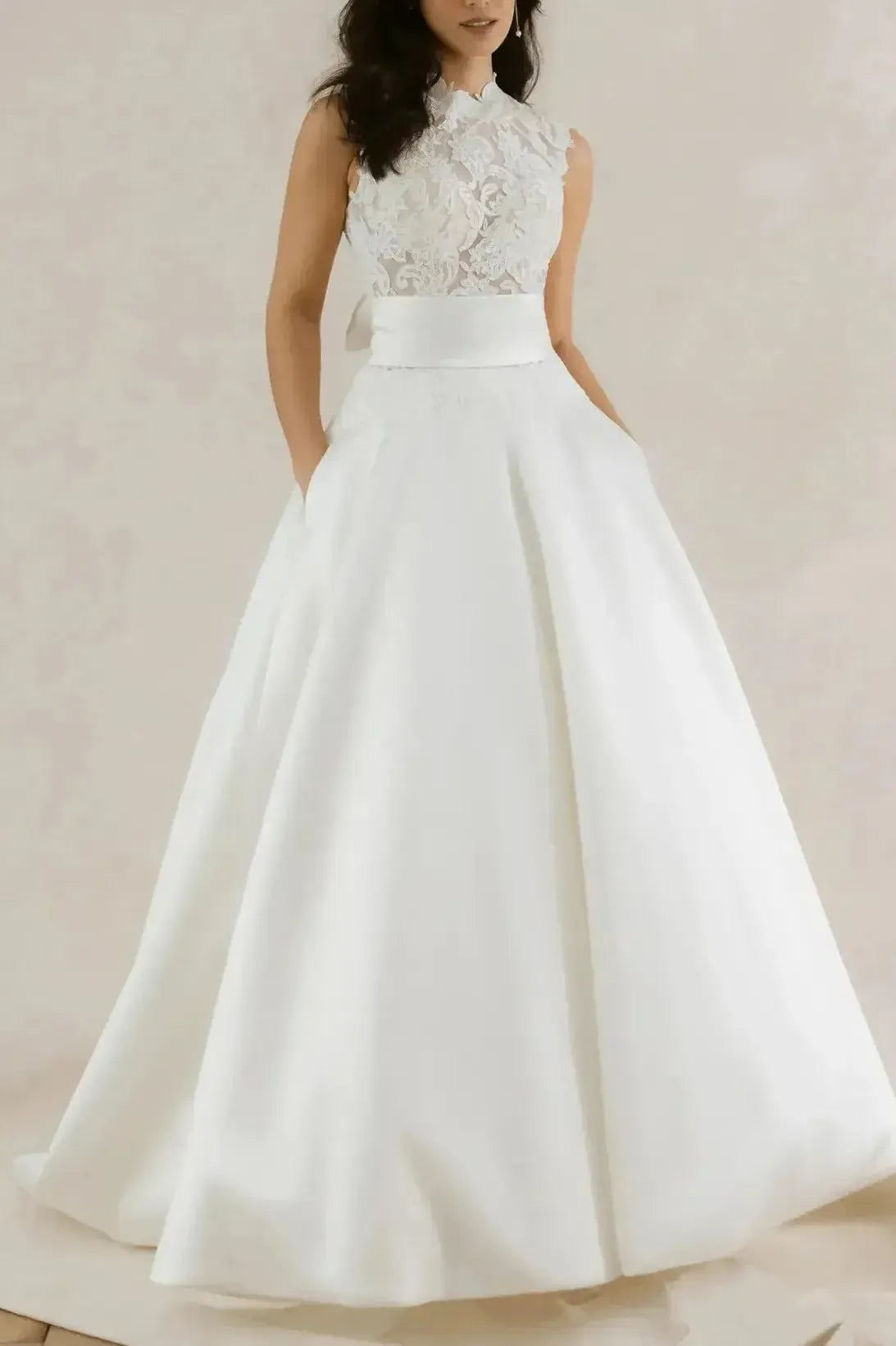 Ball Gown High Neck Sleeveless Chapel Train Lace With Bow Pockets Wedding Dress Swd13097