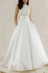 Ball Gown High Neck Sleeveless Chapel Train Lace With Bow Pockets Wedding Dress Swd13097