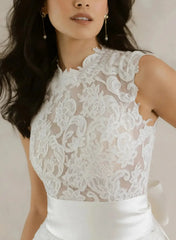 Ball Gown High Neck Sleeveless Chapel Train Lace With Bow Pockets Wedding Dress Swd13097