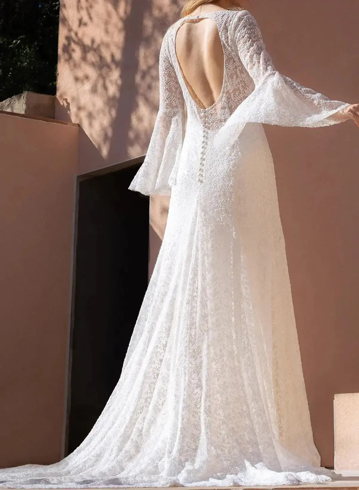 A Line Illusion Neck Long Sleeves Sweep Train Matte Satin Wedding Dresses With Lace Swd13100