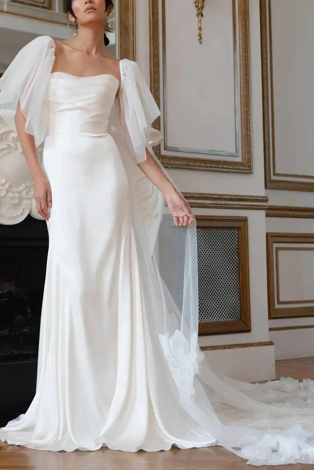 Ball Gown Off The Shoulder Cape Sleeves Chapel Train Crepe Satin Wedding Dress With Flower Swd13103