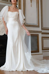 Ball Gown Off The Shoulder Cape Sleeves Chapel Train Crepe Satin Wedding Dress With Flower Swd13103