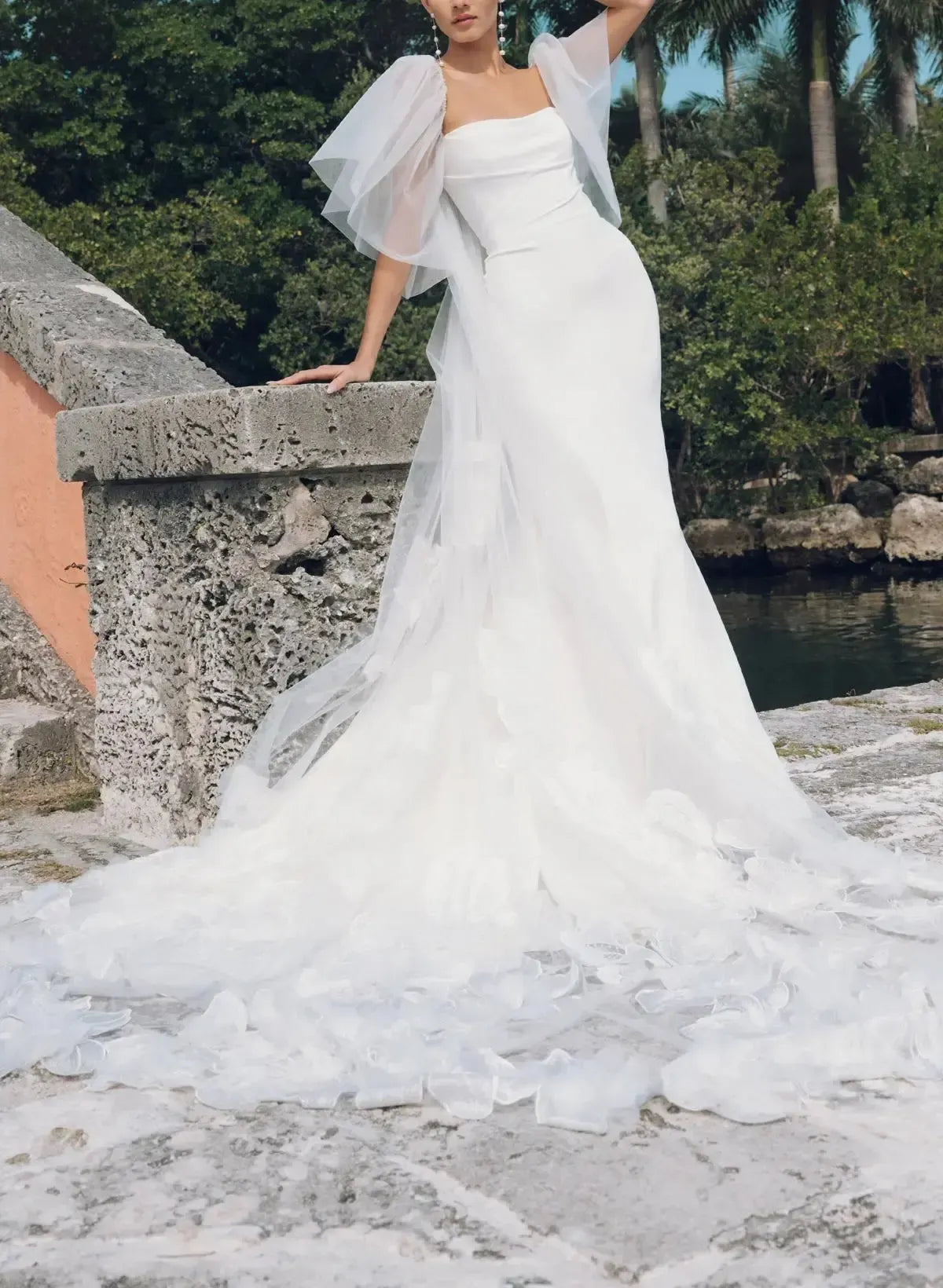 Ball Gown Off The Shoulder Cape Sleeves Chapel Train Crepe Satin Wedding Dress With Flower Swd13103
