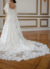 Ball Gown Off The Shoulder Cape Sleeves Chapel Train Crepe Satin Wedding Dress With Flower Swd13103