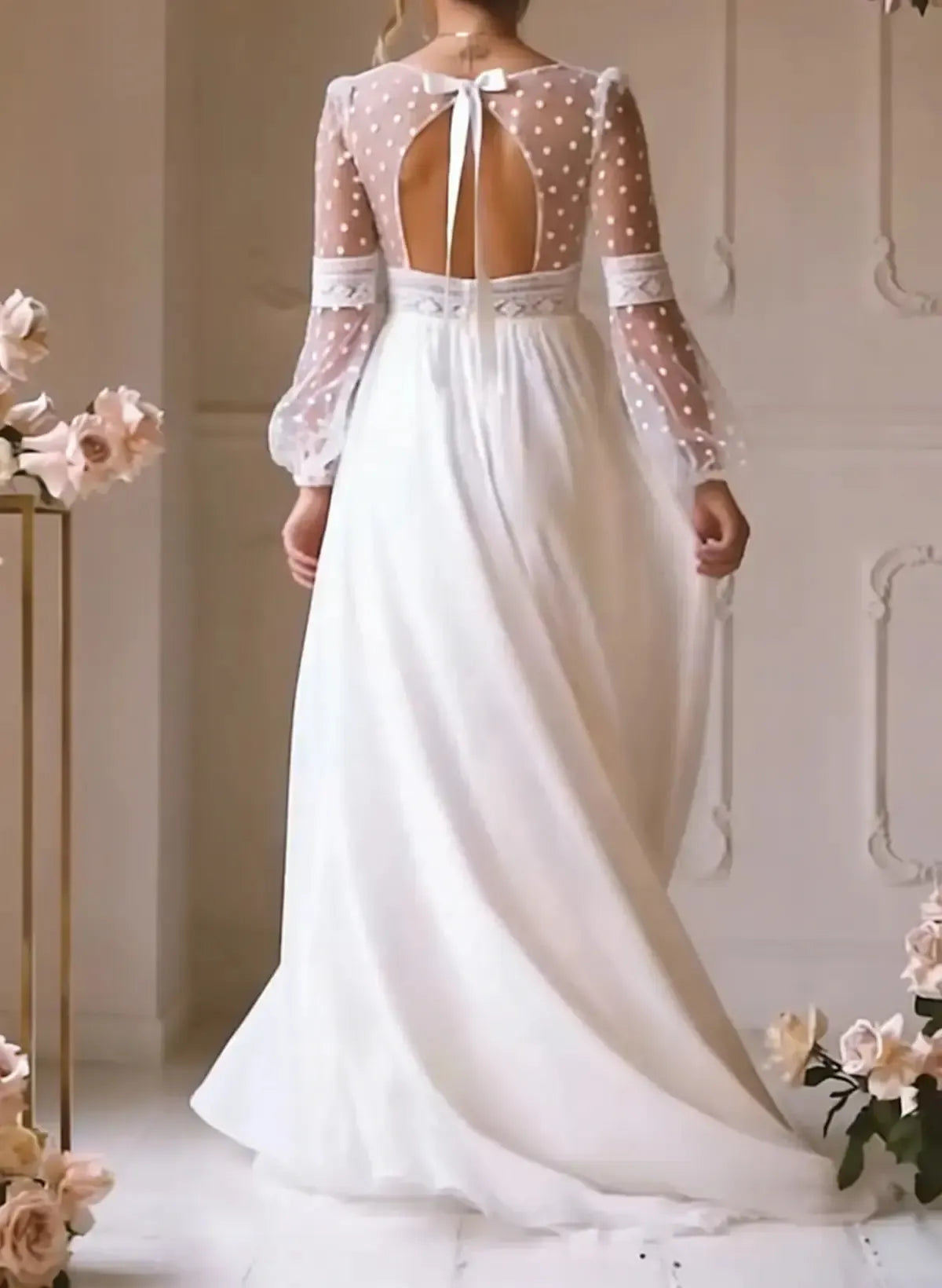 A Line V Neck Long Sleeves Floor Length Chiffon Wedding Dresses With Bow S Lace Swd13104