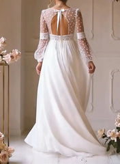 A Line V Neck Long Sleeves Floor Length Chiffon Wedding Dresses With Bow S Lace Swd13104