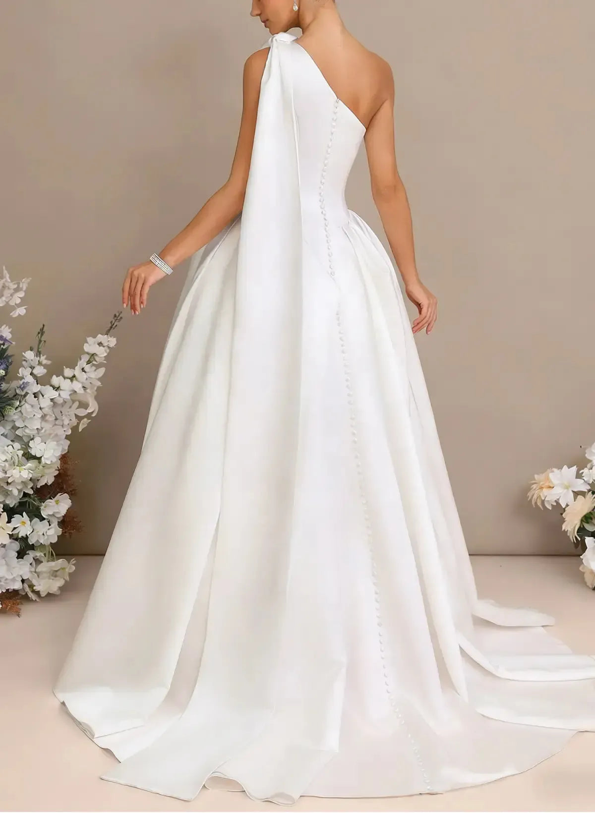 Ball Gown One Shoulder Sleeveless Chapel Train Satin Wedding Dress With Bow Swd13105