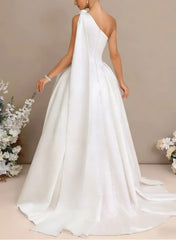 Ball Gown One Shoulder Sleeveless Chapel Train Satin Wedding Dress With Bow Swd13105